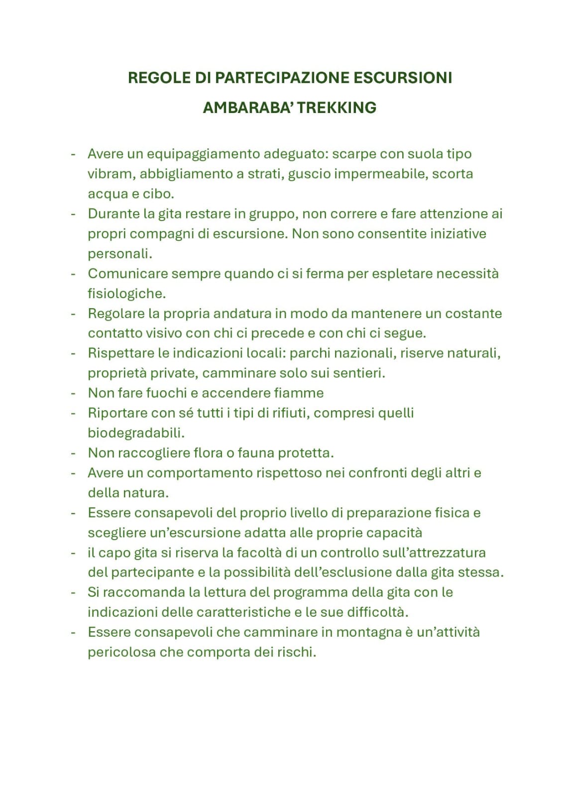 Regolamento escursioni